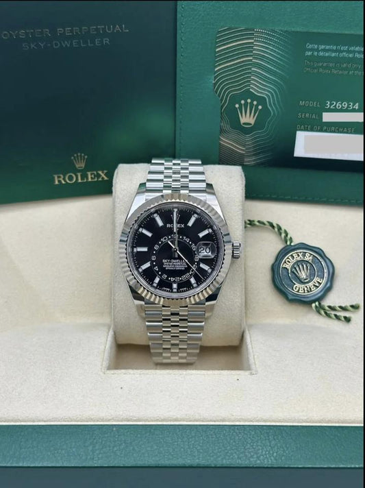 Sky-Dweller automatic luxury watch with black dial and Jubilee bracelet
