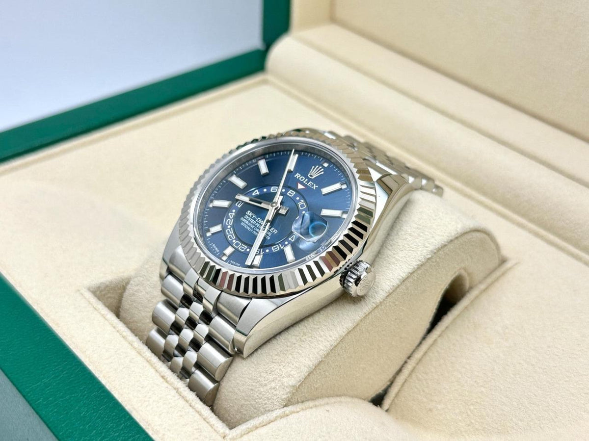 Sky-Dweller automatic luxury watch with blue dial and Jubilee bracelet