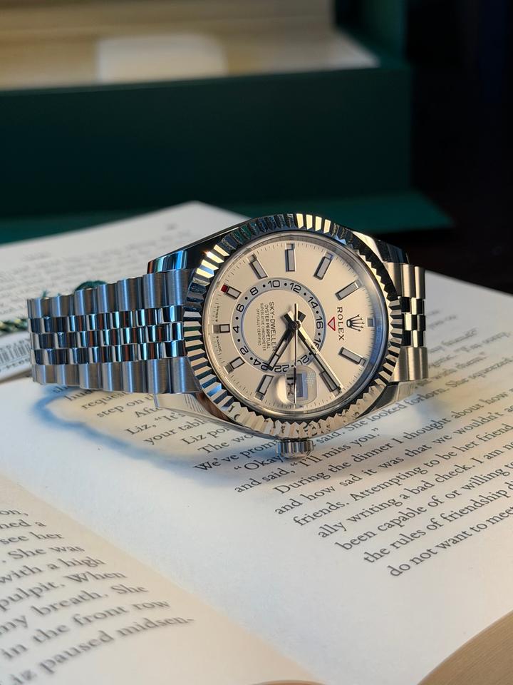Rolex Sky-Dweller automatic luxury watch with white dial and Jubilee bracelet