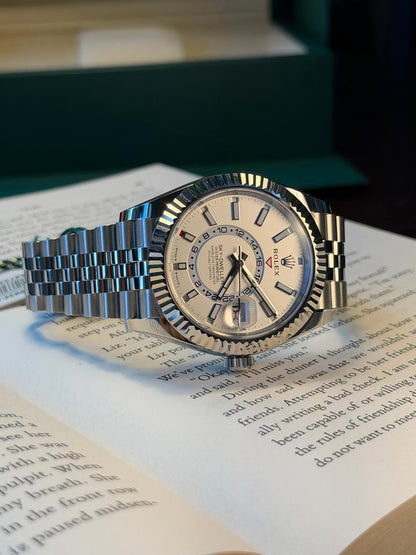 Rolex Sky-Dweller automatic luxury watch with white dial and Jubilee bracelet