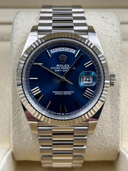 Rolex Day-Date 40 228239 Blue Roman Dial White Gold President Bracelet