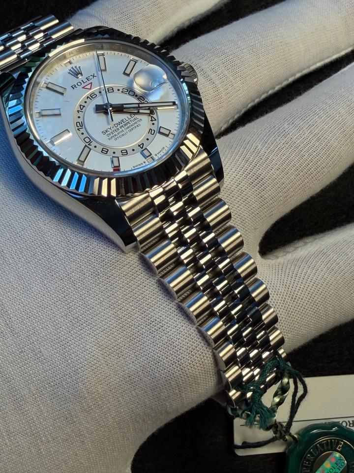 Rolex Sky-Dweller automatic luxury watch with white dial and Jubilee bracelet