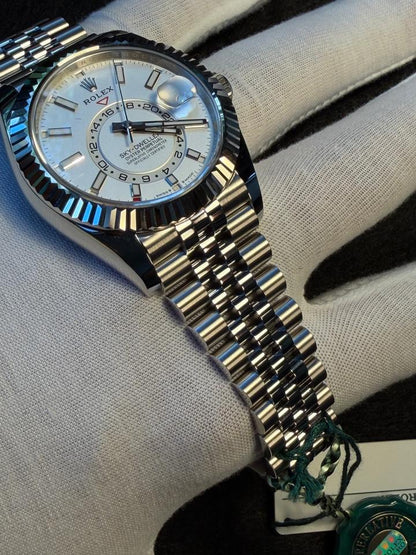 Rolex Sky-Dweller automatic luxury watch with white dial and Jubilee bracelet