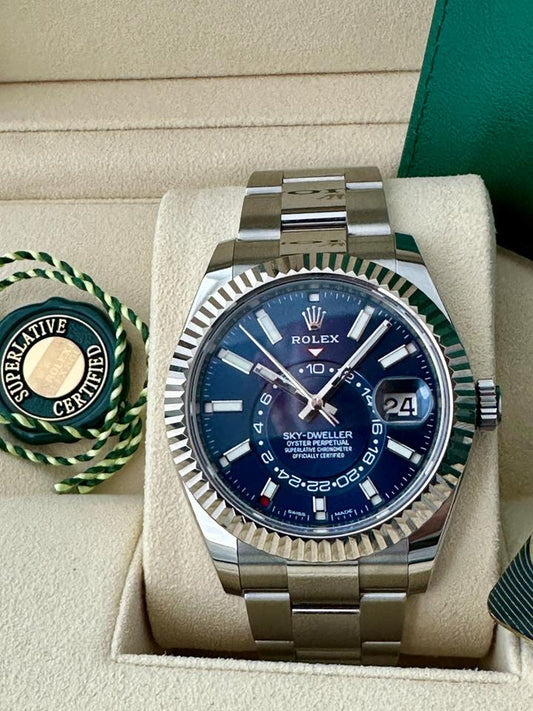 Sky-Dweller automatic luxury watch with blue dial and Oyster bracelet