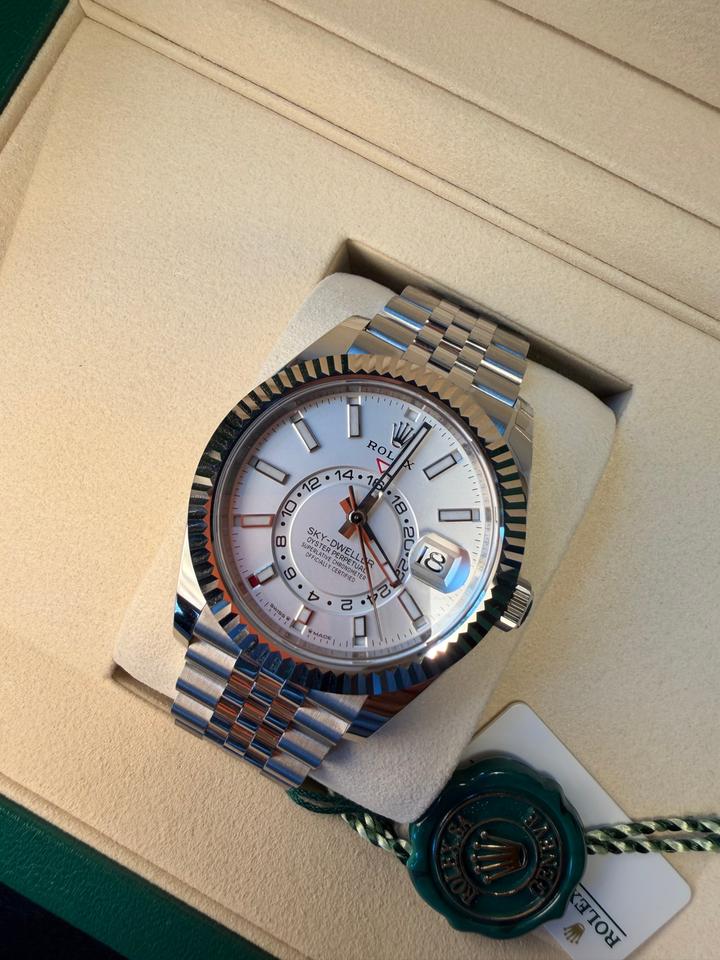 Rolex Sky-Dweller automatic luxury watch with white dial and Jubilee bracelet
